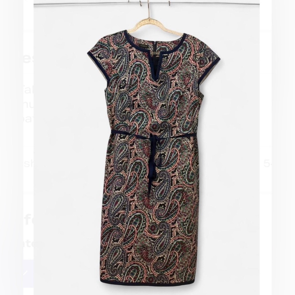 Paisley Cap-Sleeve Belted Dress in Navy and Pink